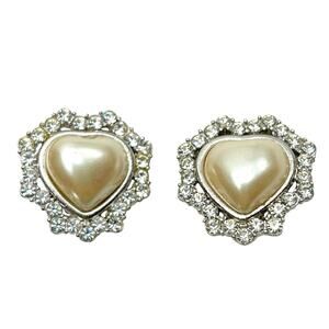 Vintage Richelieu Heart Pearl Rhinestone Clip Earrings Romantic Bridal Coquette